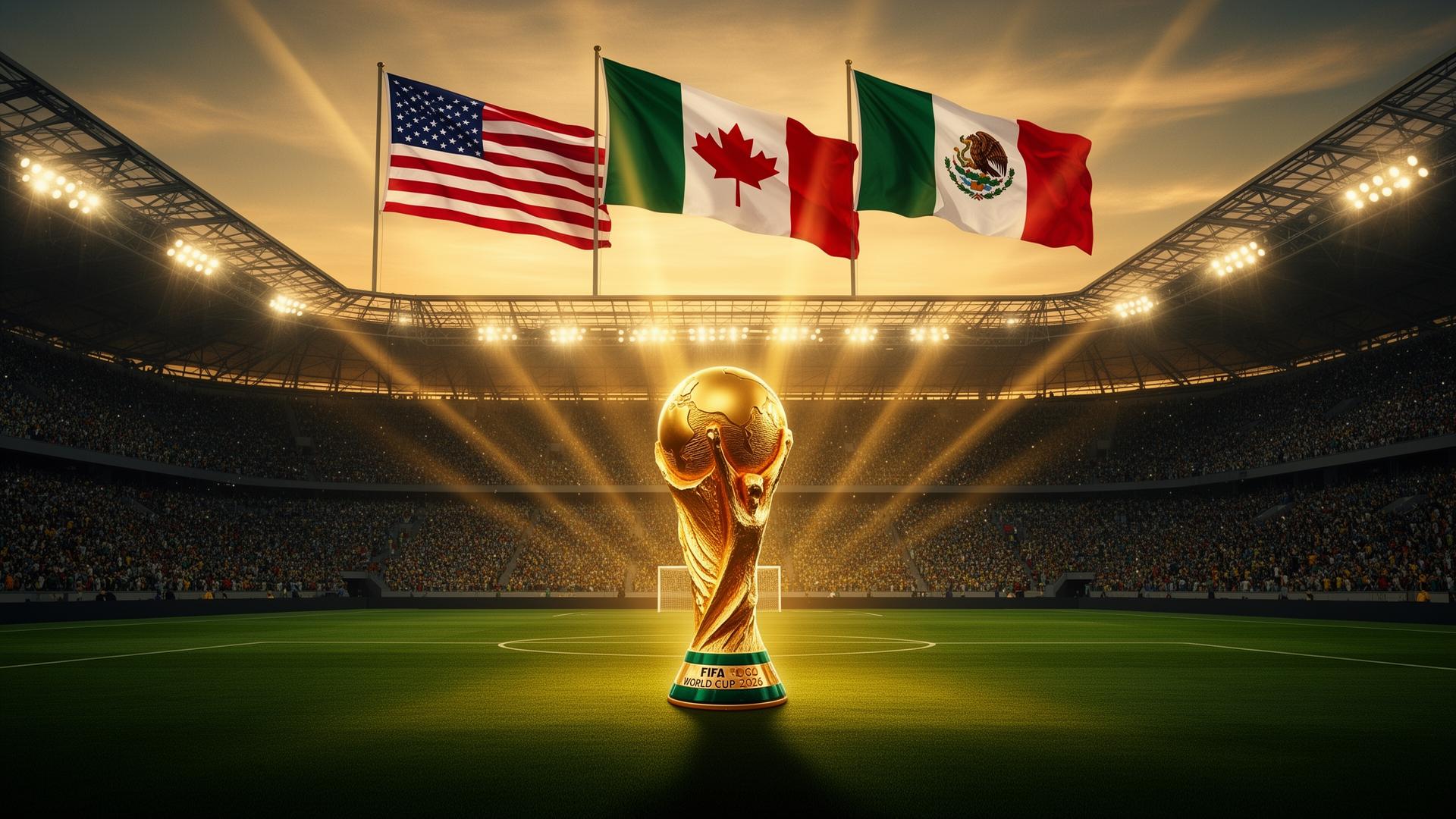 FIFA World Cup 2026 stadium with trophy and host nation flags